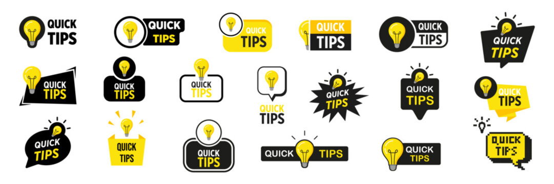 Quick tips sticker set. Quick tips badge with lamp