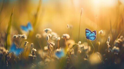 Beautiful butterfly blurred spring, great design for any purposes. Blurred background. Green nature. Garden nature. Colorful  illustration. Spring banner.