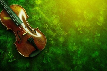 A green violin on nature background, music festival day. Generative AI, Generative, AI