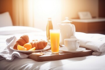 Fototapeta na wymiar illustration, breakfast in bed in a hotel, ai generative