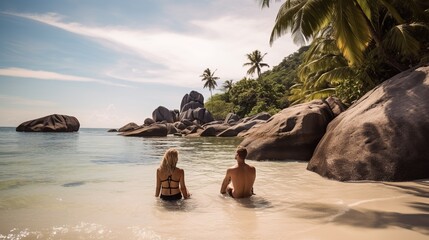 Vacation couple resort island on sea background. Tropical resort summer vacation. Summer seascape. Tropical beach.