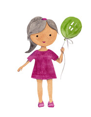 Happy cute little girl with birthday balloon. Isolated watercolor illustration