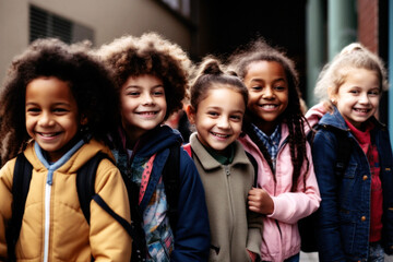 Fototapeta premium A diverse group of children, United as best friends, stand united in front of their school, all smiles and laughter, embracing friendship, joy, and innocence beyond race. Generative AI