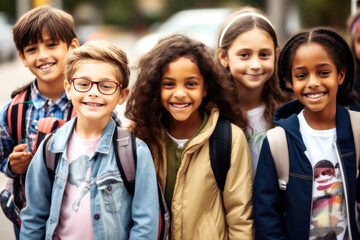 A diverse group of children, United as best friends, stand united in front of their school,  all smiles and laughter, embracing friendship, joy, and innocence beyond race. Generative AI