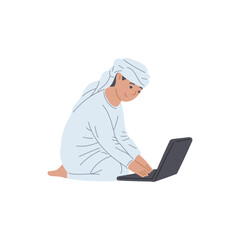 Fototapeta na wymiar Smiling arab boy using laptop, flat vector illustration isolated on white background.