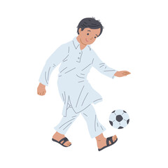 Obraz premium Happy arab boy playing football game, flat vector illustration isolated on white background.