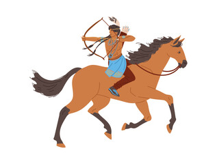 American Indian man on horseback draws bowstring flat style