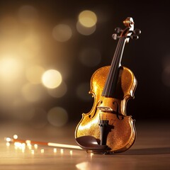 A gold violin on dark background, music festival day. Generative AI, Generative, AI