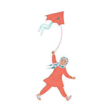 Muslim Arab child girl flying a kite, flat vector illustration isolated.