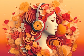 A beautiful woman wearing headphones with ornament flowers background, music festival day. Generative AI, Generative, AI