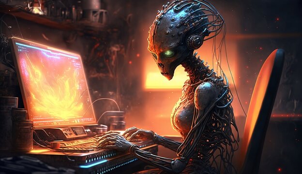 Non-Existent Person Fictional Alien Typing on a Computer Keyboard Generative AI