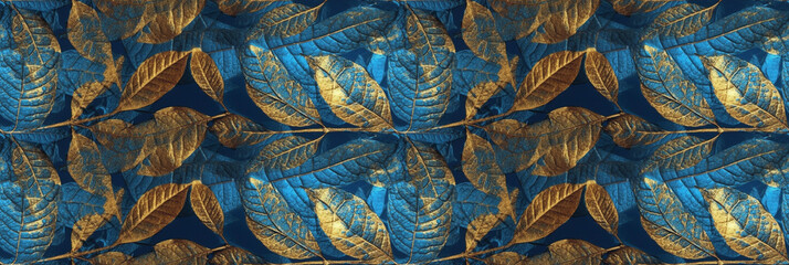 Macro texture of beautiful leaves in golden and blue tones. AI generative illustration.