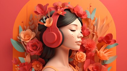Obraz na płótnie Canvas A beautiful woman wearing headphones with ornament flowers background, music festival day. Generative AI, Generative, AI