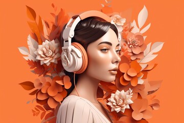 Fototapeta premium A beautiful woman wearing headphones with ornament flowers background, music festival day. Generative AI, Generative, AI