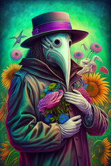 A painting of a man in a plague mask holding flowers. AI generative.