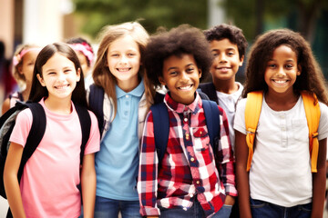 A diverse group of children, United as best friends, stand united in front of their school, all smiles and laughter, embracing friendship, joy, and innocence beyond race. Generative AI
