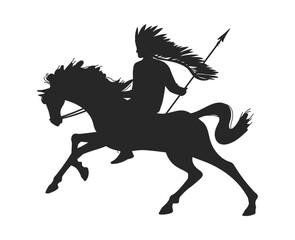 Black silhouette of American Indian riding on horseback flat style