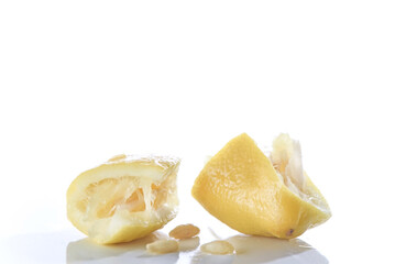 Organic lemon slices isolated on white background, macro photpgraphy