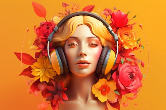 A beautiful woman wearing headphones with ornament flowers background, music festival day. Generative AI, Generative, AI