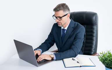 mature businessman sitting in business office with computer