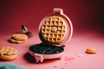 A waffle maker sitting on top of a pink surface. AI generative image. - obrazy, fototapety, plakaty