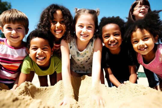 On a sunny beach, diverse children gather, their laughter filling the air. United by friendship, they enjoy the sun, sand, and sea, showcasing pure joy, friendship knows no race. Generative AI
