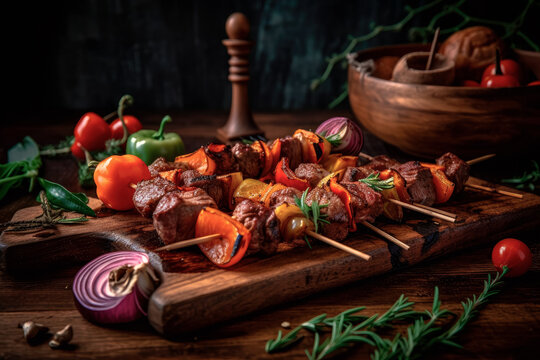 Brochetas de carne y verduras sobre maderaIlustracion de IA generativa