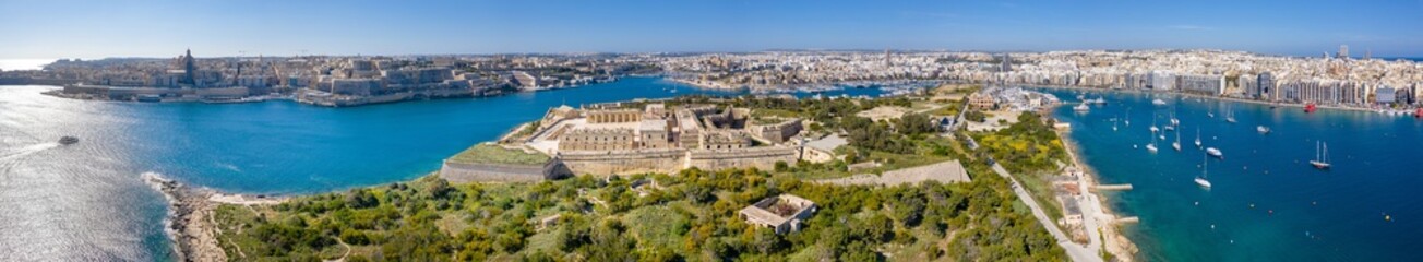 Fototapeta na wymiar Panoramic aerial view of Valletta, Sliema, Birgu in Malta island.