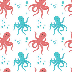 Obraz na płótnie Canvas Seamless pattern of the underwater world. Cartoon swimmiing octopus background. Great for printing on fabric, covers, wallpapers, flyers