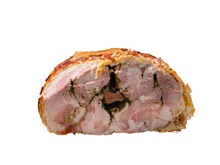 Traditional italian porchetta. Rolled pork belly stuffed with mincemeat and herbs