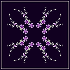 Floral pattern in a square. Scarf, hijab, tablecloth on a dark blue background ornament with small lilac-pink inflorescences, meadow flowers. Vector symmetrical pattern.