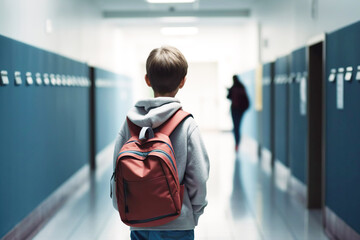 Schoolboy with backpack in school corridor. Back view. Generated AI - obrazy, fototapety, plakaty