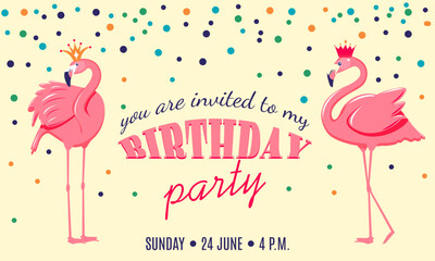 Birthday Party invite design template with flamingo and confetti.
