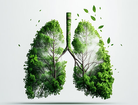 Tree branches shaped like human lungs, forest protection ecology illustration.