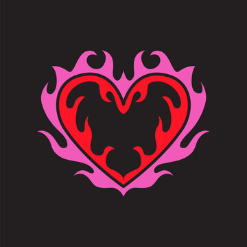 Vector design set, flames and fire, acid neo tribal shapes, y2k elements and abstract illustrations in gothic style, heart and love symbols, gothic and acid tattoos 