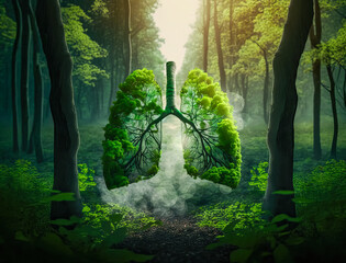 Tree branches shaped like human lungs, forest protection ecology illustration.