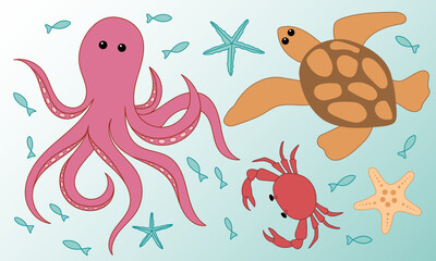 Colorful cartoon background with underwater creatures. Hand drawn octopus, turtle, crab, starfish, fish on blue gradient background