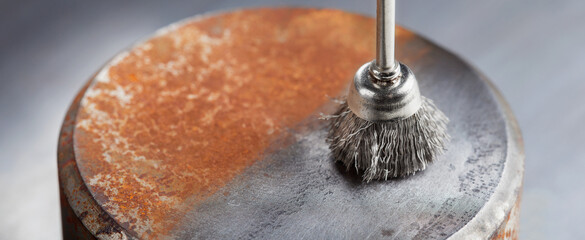 steel brush for drill clean off old metal sheet with rust