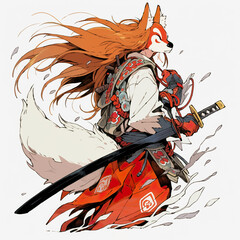 Obraz premium A woman with long hair holding a sword. AI generative. Immortal red fox ninja