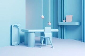 modern blue dining room with table and chairs. Generative AI