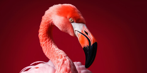Flamingo profile on a red uniform background. Beautiful colorful bird. Generative AI