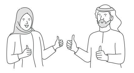 Man and a woman in a traditional Muslim headscarf showing thumbs up give recommendation to service.