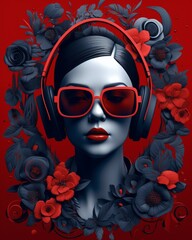 A beautiful woman wearing headphones with ornament red flowers background, music festival day. Generative AI, Generative, AI