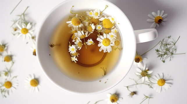 Chamomile tea in cup with flowers - Generative AI