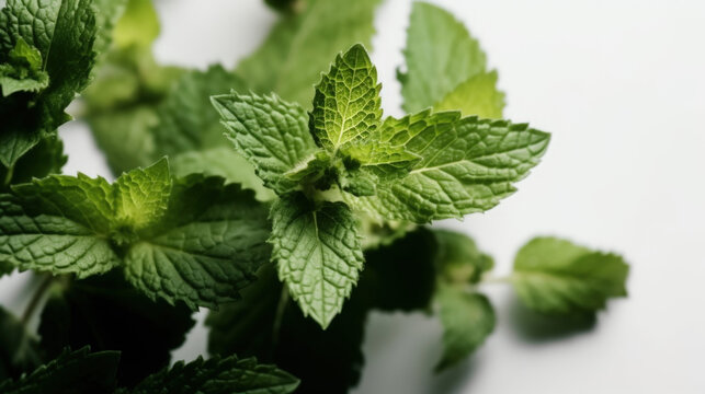 Herbal Green Mint Leaves on a white background Banner - Generative AI