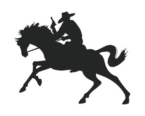 Dangerous cowboy on horse with gun, black silhouette flat vector illustration isolated on white background.
