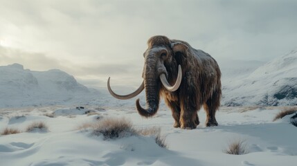 Magnificent Mammoth Amidst Wintry Terrain, Ancient Beast, Frosty Ice Age Panorama.