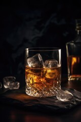 Whiskey glass and bottle on wooden table and dark background, luxurious aroma. Generative AI