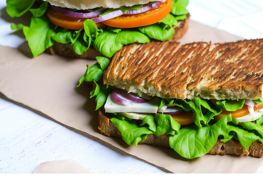 Delicious vegan sandwich with a crunchy texture and mild flavor. Delicious sandwich on the table.