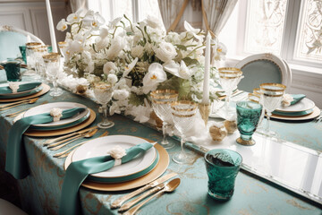 Romantic Wedding Table Decoration in Green and Gold Elegance - Generative AI